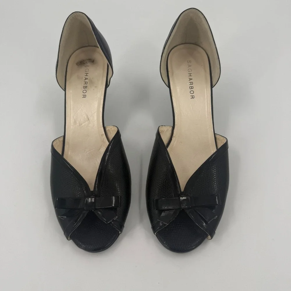 Sag Harbor Anita Heeled Sandals Womens US 9.5M Black Bow Detail Peep Toe Slip On